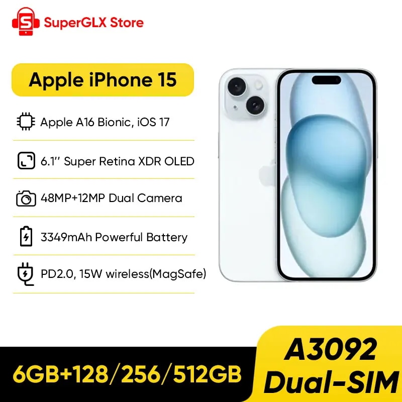 Apple-iPhone 15, a3092,iOS 17,Apple a16, bionic,超シック,アイランド,xdr, oledスクリーン,ip68,ほこり/水耐性,デュアルSIM,100%