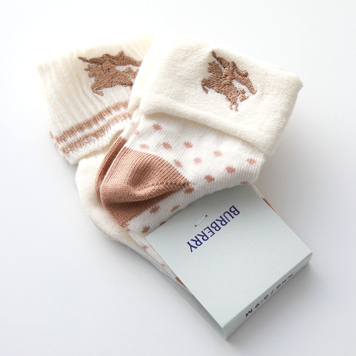 BURBERRY KIDS バーバリー キッズ ベビーソックス 8079697 ボーイズ ガールズ 2点セット アイコン刺繍 ドット 靴下 A7041/IVORY-IP-PAT