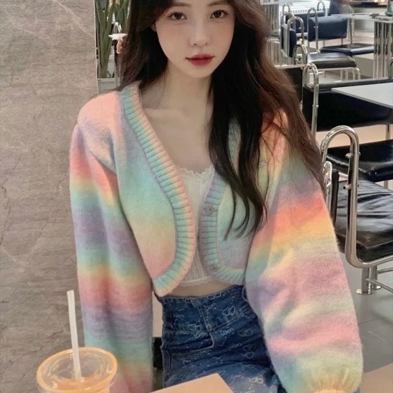 レインボー ショート丈 ニット カーディガン トップス ショート 袖あり 長袖 ドロップショルダー 萌袖 Vネック 襟なし もこもこ モコモコ ふわふわ 前開き かわいい 大人可愛い カジュアル