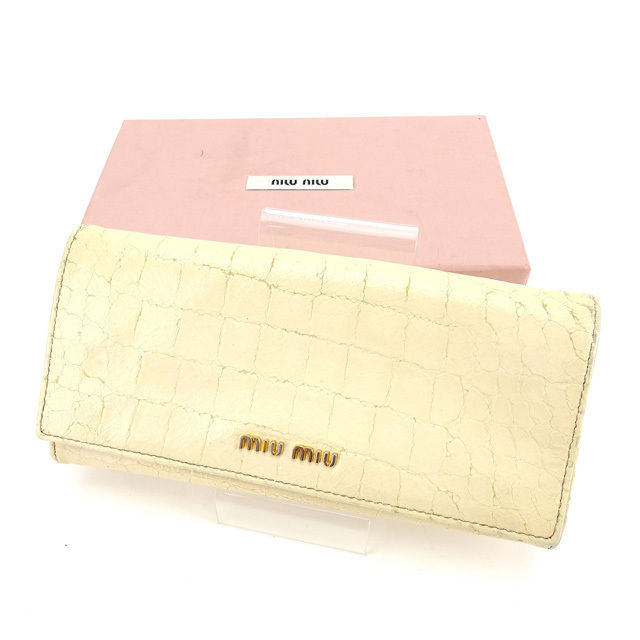 長財布 ファスナー付き長財布 クロコダイル調 アイボリー ゴールド 中古