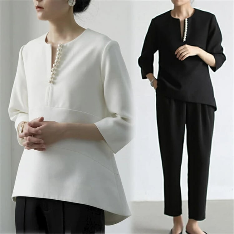 七分袖ブラウス パール付きトップス レディース フォーマル おしゃれ エレガント トップス通勤 ビジネス 春 秋 レディース　体型カバー テーパードパンツ 結婚式 スーツ 同窓会 ママ 参観日 セレモ