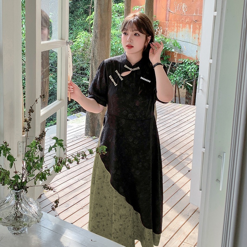 双天 2024 春夏プラスサイズのレディースドレス女性の新しいチャイニーズプレートボタンフェイクツーピースコントラストカラーロングドレス L9