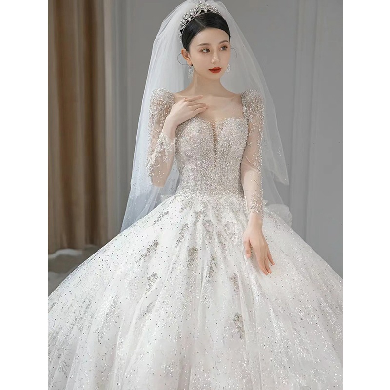 長袖 冬 ウェディングドレス 2024 ブライダル メインヤーン 上質な質感 ラージテール レトロ