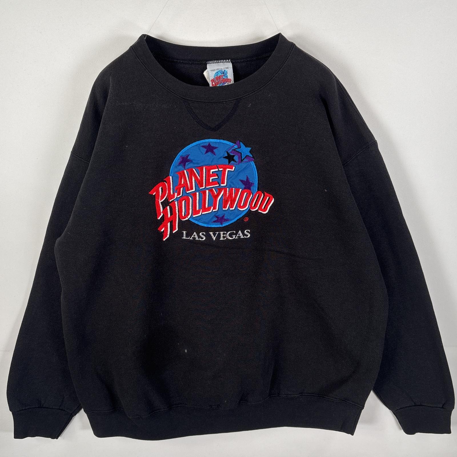 古着 プラネットハリウッド PLANET HOLLYWOOD USA製 スウェット 前Vガゼット ワッペンロゴ 刺繍ロゴ 肉厚 Xーlarge ブラック メンズ