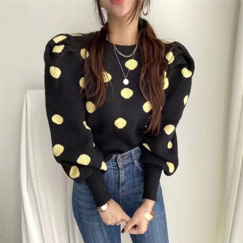 レディース トップス ニット セーター プルオーバー レギュラー丈 タックイン 裾イン 長袖 パフスリーブ バルーン袖 リブ袖 ラウンドネック ストレート フェミニン リブ コントラストカラー