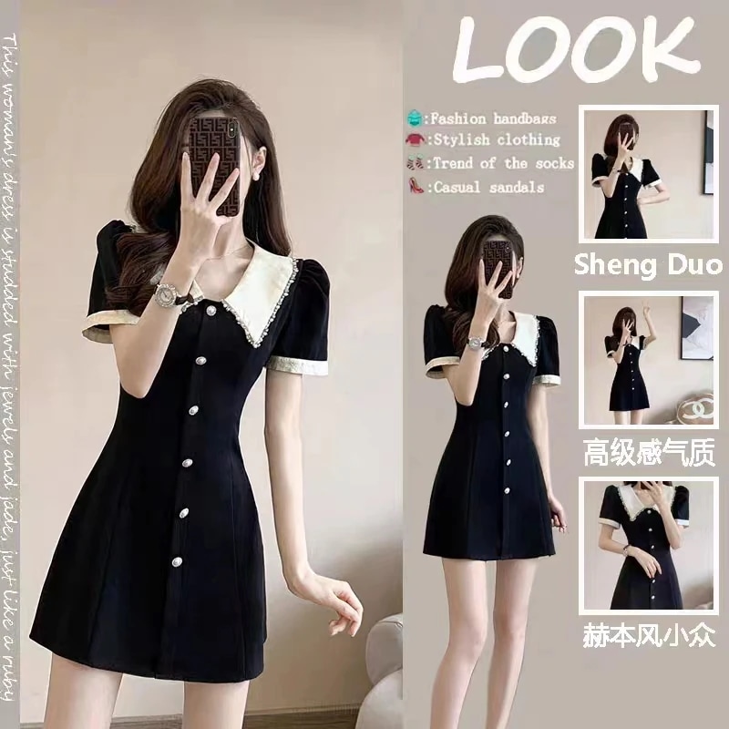 黒いワンピースpoloネック 韓国ファッション