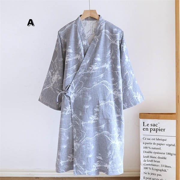 ルームウェアパジャマ前開き ガウン バスローブ 旅館 男女兼用 ガーゼ 介護 レディース 葉柄 涼しい お風呂上がり 通気性 2重ガーゼ 綿 綿 夏素材 寝巻き パジャマ 浴衣 ルームウェア 部屋着