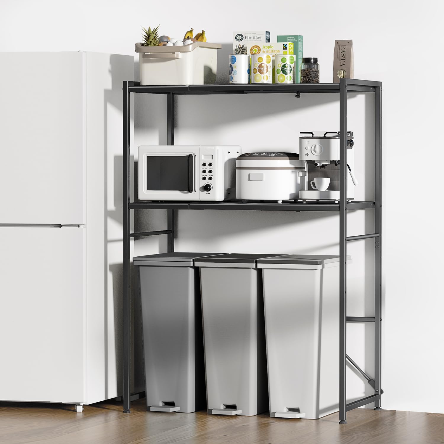 【幅伸縮可上下調整可】ゴミ箱上ラック TKUIN 電子レンジラック レンジ台 幅60～80cm 高さ8段階調整 トースター置き台 多機能 キッチンラック キッチンボード 冷蔵庫上収納棚 レンジボード