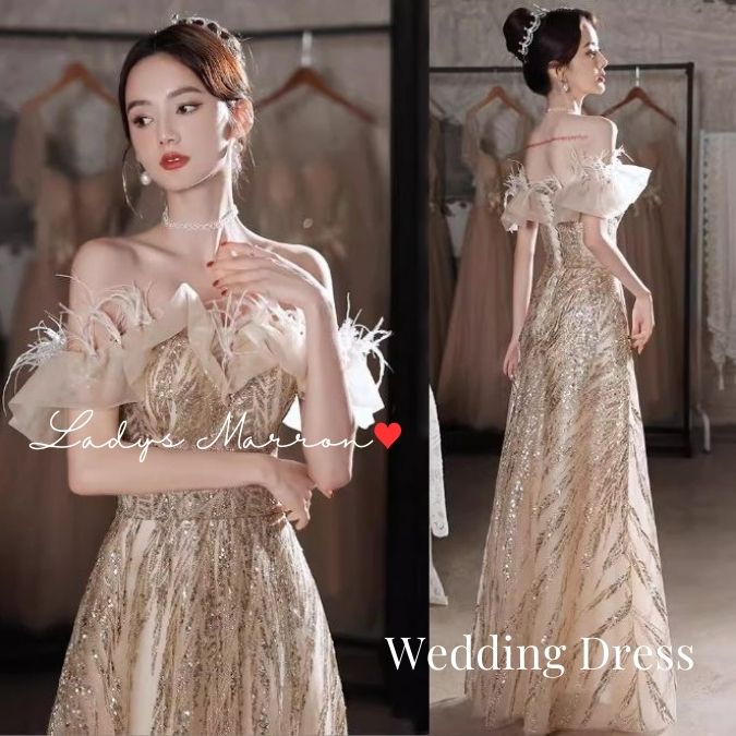 再入荷商品ウェディングドレス カラードレス 演奏会 ベージュドレス 前撮りドレス 花嫁 二次会 お色直しドレス フォトウェディング パーティードレス かわいい セルフ スパンコール 韓国 オフショルダ