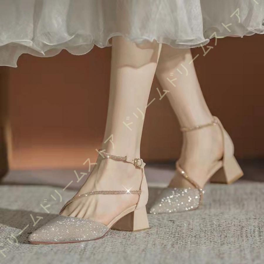 おすすめですパンプス 痛くない 脱げない ハイヒール キラキラパンプス 結婚式 小さいサイズ パーティ ストラップ レディース ポインテッドトゥ ヒール5センチ