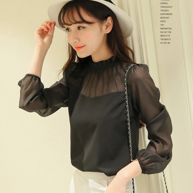 2472．シースルーシフォンブラウス（ブラック）2019　春夏　春夏　通学　通勤　カジュアル　オフィス　カジュアル　普段使い　お出かけ　お呼ばれ