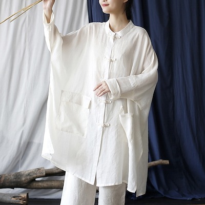 オリジナル文芸復古夏ラミー麻婦人服シャツ中丈ゆったり民族風コート