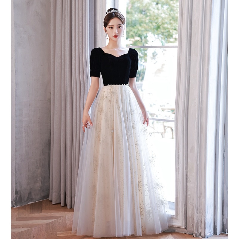 フランス宴会イブニングドレス 2024 新しいヘップバーンスタイルのレトロなホストドレスセレブ年次パーティーパフォーマンスドレス