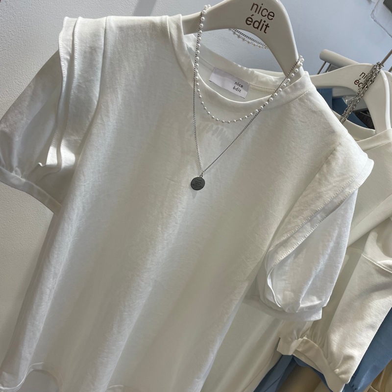 サマー丸首きれいめパフスリーブTシャツオールマッチカジュアルトップコットン