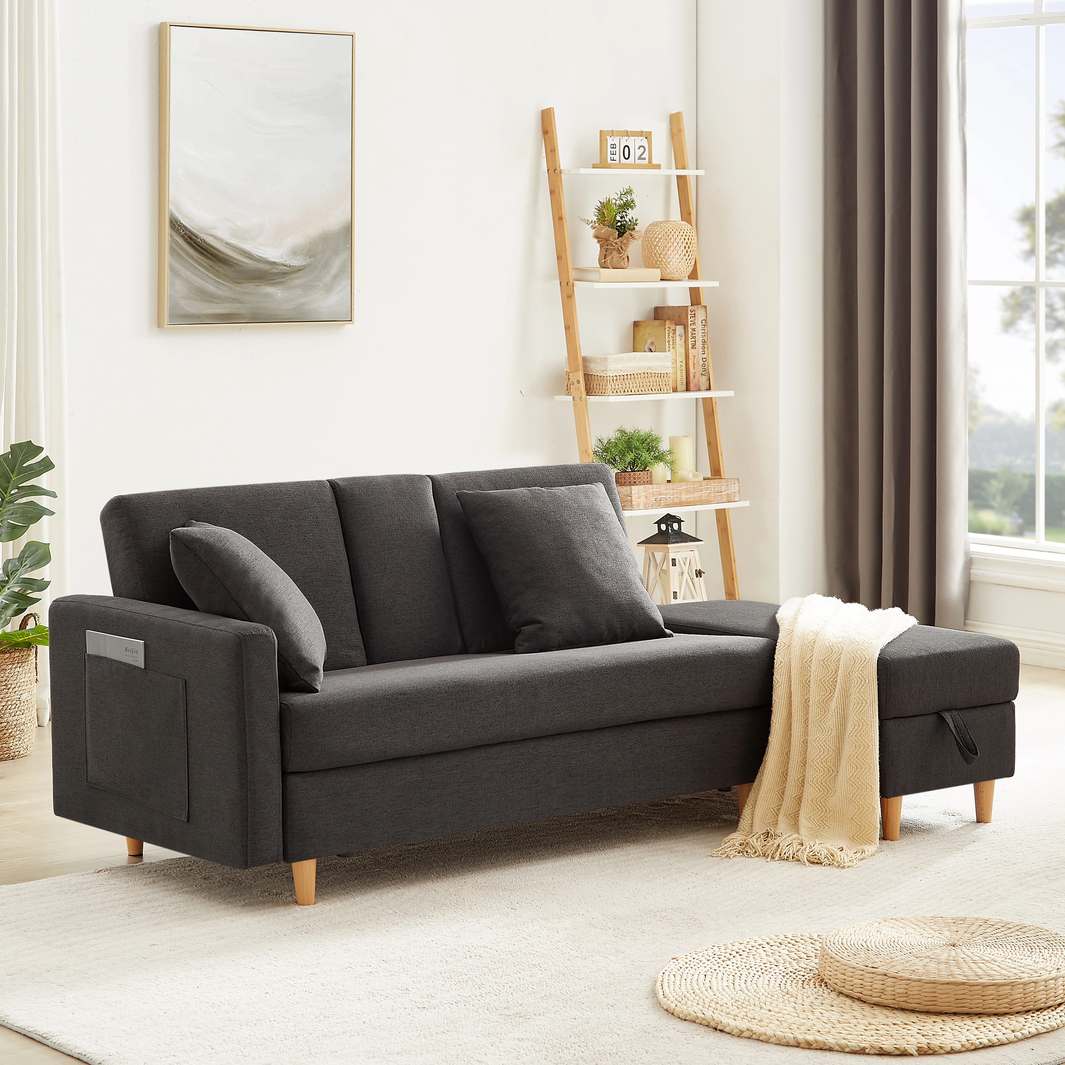 【293】ソファ　ソファーベッド　カウチソファ　3人掛け　オットマン付き　多機能ソファ　左右側とも取り付けるアームレスト　たくさん収納　レイアウト自由　クッション2個