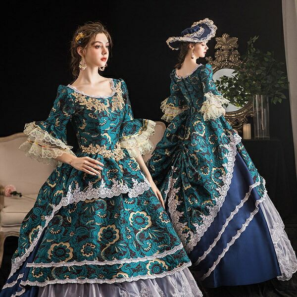 貴族 ドレス ステージ衣装 舞台 オペラ声楽 中世貴族風 お姫様宮廷 お嬢様 パーティー 中世ファスナー 貴族 演奏会 ハロウィン 大きいサイズ 刺繍 プリンセスライン フリル 長袖 Aライン グリー 11,082円
