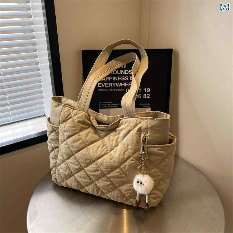 トートバッグ レディース 綿 韓国 大容量 冬 菱形 キルティング おしゃれ カジュアル シンプル 普段使い ジッパー アイボリー 黒 緑 チャーム