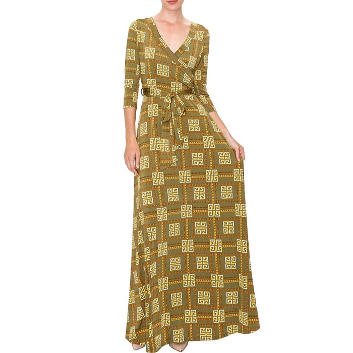 ワンピース マキシ 7分袖 Vネック カシュクール LAインポート 幾何学チェーン柄 Aライン ラップワンピース S.M.L.XL オリーヴ MADE IN USA JN230517LA054