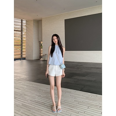MULVAN黒ショートパンツ夏のハイウエストスラックスゆったりとしたAラインワイドパンツ