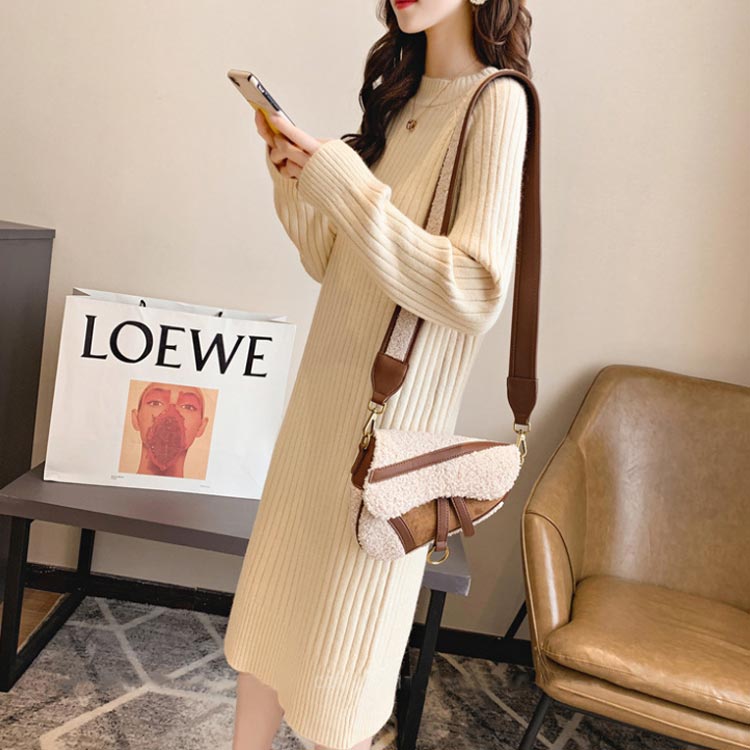 ニットワンピースレディースワンピースミモレワンピースロングワンピース長袖丸襟リブニット膝下丈ミモレ丈ストレッチ性伸縮性リブ編み無地結婚式ドレスお洒落シンプルエレガント脚着痩せ韓国風