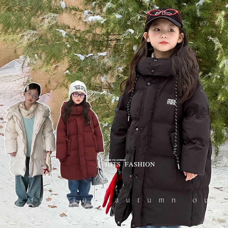 ガールズミドル丈ダウンジャケット2024冬新スタイル洋風厚みのある子供用ホワイトダックダウンジャケット韓国版