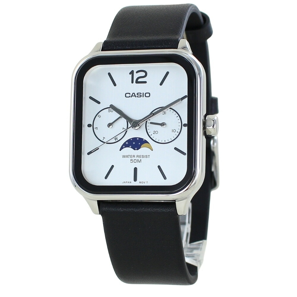 海外限定モデル カシオ スタンダード チプカシ ムーンフェイス 腕時計 手表 メンズ レディース 収納ケース付き ブラック 革ベルト 誕生日プレゼント 中学生 高校生 大学生 彼氏 彼女 父 母 誕生