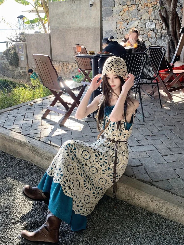 2025 春夏 キャミソールワンピース 2点セット ミディアム丈ジャンパースカートジャンスカ透かし彫りミモレ丈ロングおしゃれかわいい小花フラワードレスタックAライン韓国ファッションレディースフレンチ