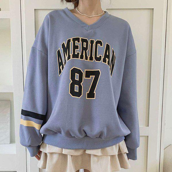 Hスタイル(BM)起毛アメリカンVネックマンツーマン冬女性起毛マンツーマンTシャツMTM Vネック3段組