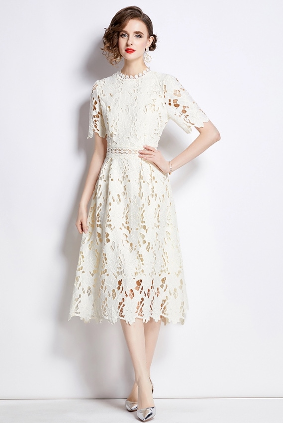 ファッショナブル豪華セレブスタイルラウンドスリムウエストミドル丈A字型中空型水溶性レースドレス