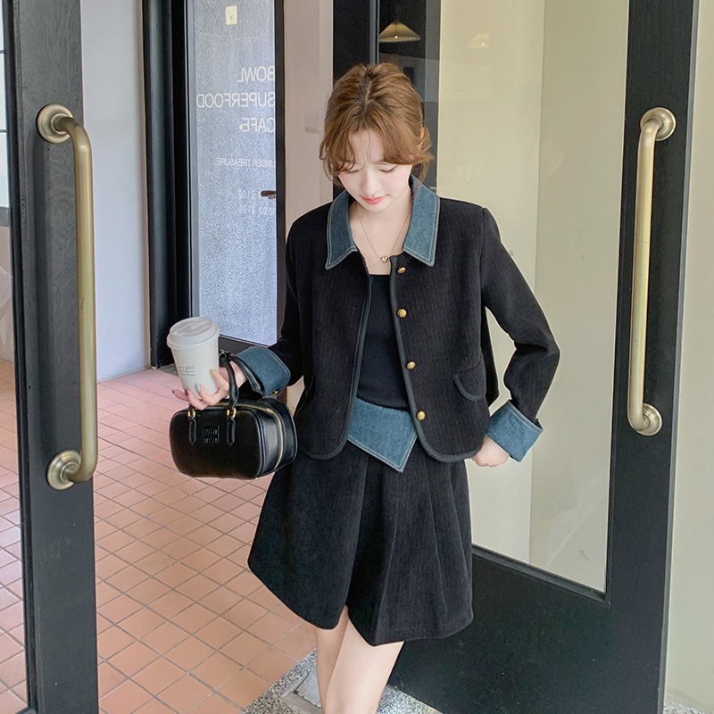 ヴィンテージデニムラペルスプライシング小さな香水セットスカート2024新しい塩光プリーツハーフスカートスーツ