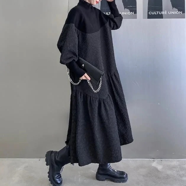 ワンピース レディース ロングワンピース 長袖ワンピース ハイネック ハイカラー モノトーン モード ラフ オーバーサイズ おしゃれ 5,659円