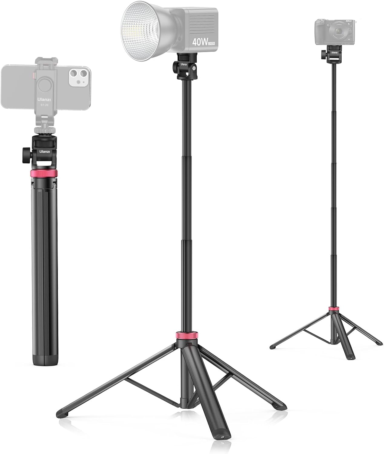 アルミ製撮影用ライトスタンド 7段伸縮36-200cm 180度回転調整 1/4ネジ付き 折り畳み式 40W COBライト対応 カメラスマホ兼用