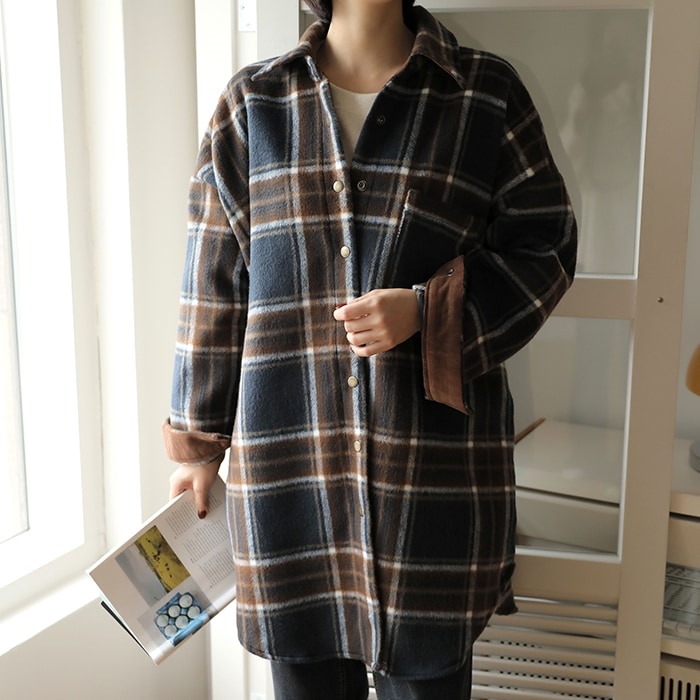 [韓国ファッション] ビッグチェック柄 あったか厚手ロングシャツ