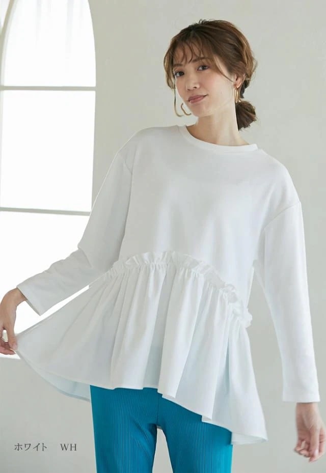 トップス レディース ロンT スウェット ペプラム 異素材 切り替え 裾フレア ボンディング チュニック 体型カバー 大人可愛い きれいめ 大人カジュアル 春 秋 冬 1702