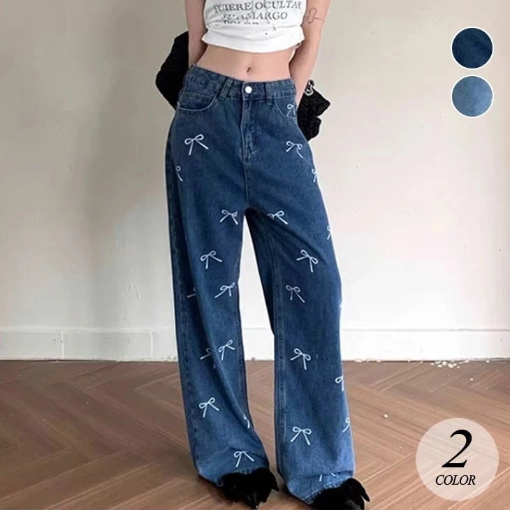 リボンデザイン デニムパンツ レディース ジーンズ デニム パンツ ハイウエスト リボン カジュアル ストレート ストレートジーンズ お洒落 可愛い 春 夏 ブルー 青 韓国ファッション