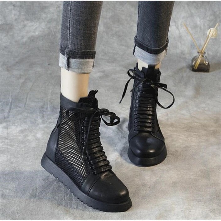 サマーブーツ レディース サンダル メッシュ ウェッジソール 厚底 紐付き 通気 歩きやすい 夏 ブ