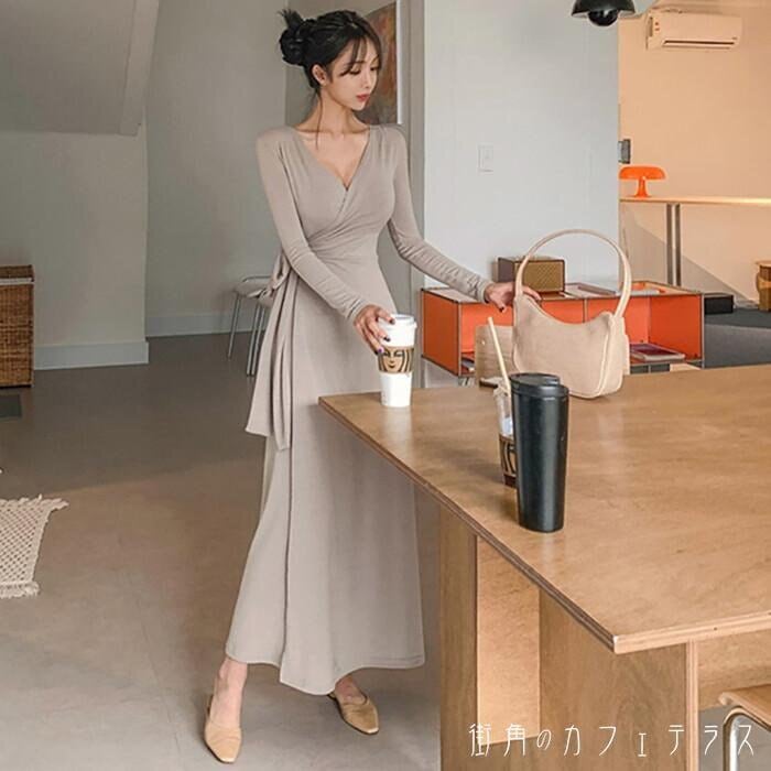 ワンピース カシュクール Vネック 深Vネック 長袖 ロングワンピース ロング丈 マキシワンピース マキシ丈 フレア ハイウエスト カットソーワンピース カットソー 大きいサイズ