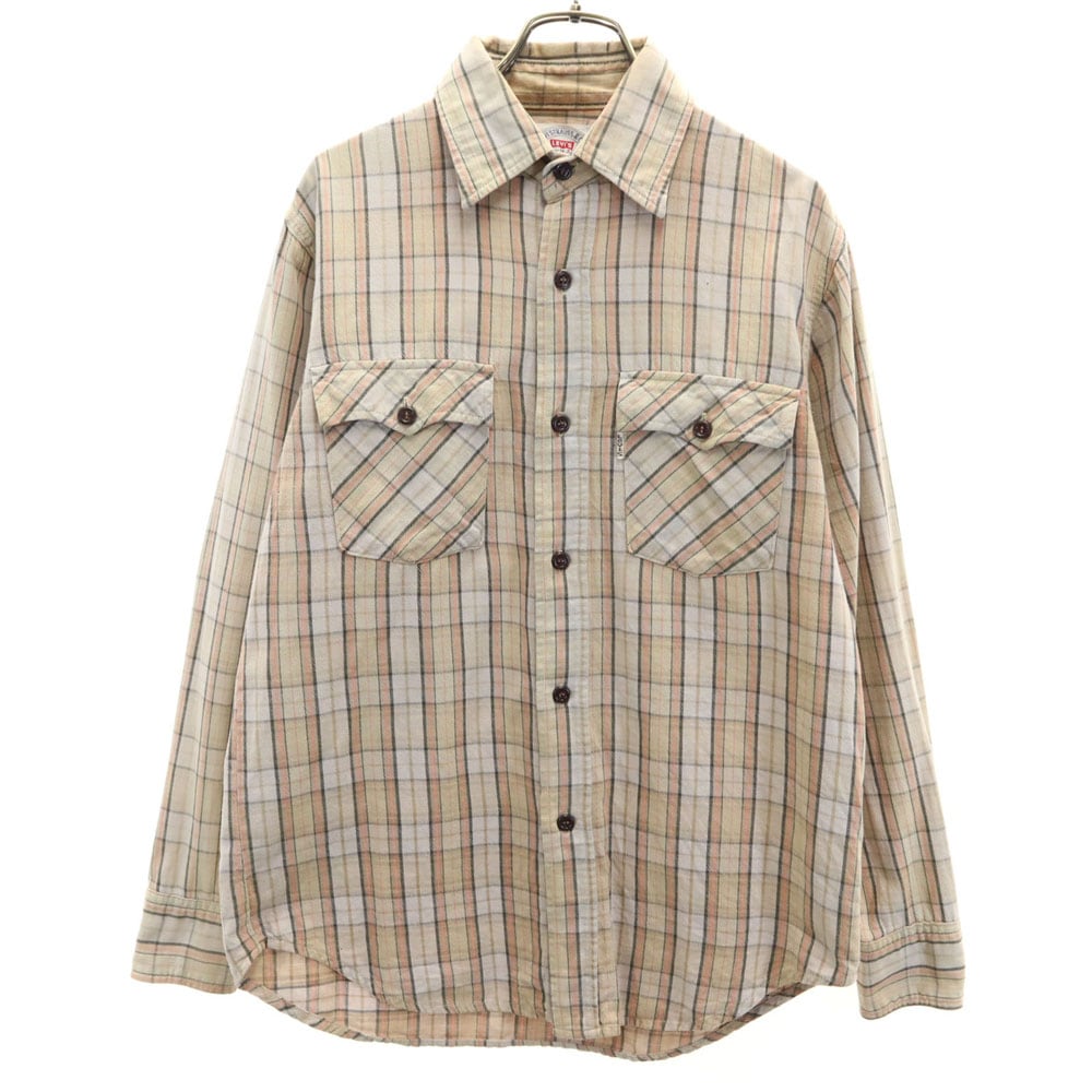 70s 80s 日本製 ヴィンテージ チェック柄 長袖 シャツ M ベージュ メンズ