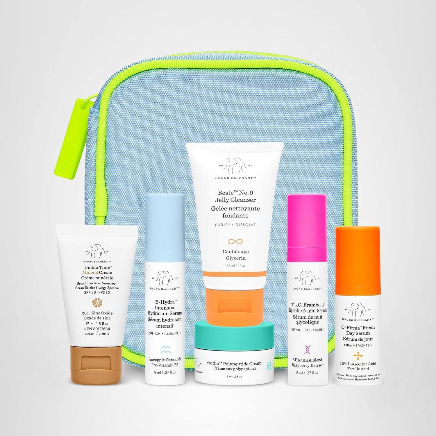 Drunk Elephant The Littles 7.0 Kit - 6つの旅行に優しい午前と午後のエッセンシャル - きれいな臨床スキンケア - 残酷さなし - 皮膚科医 - テスト済み - エ