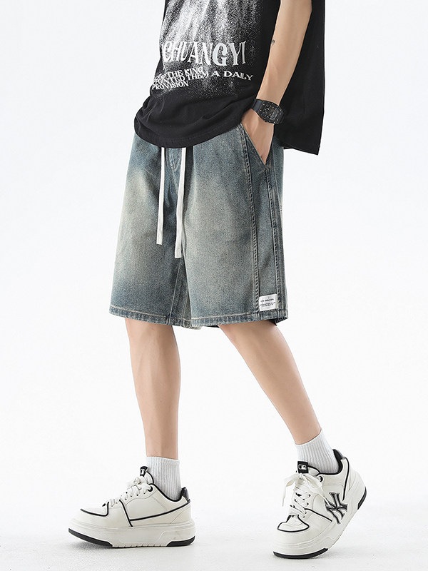 メンズパンツ 薄手 ルーズフィット ブルーデニム メンズ 夏の ショートパンツ 男の子用 ストレート 五分丈パンツ