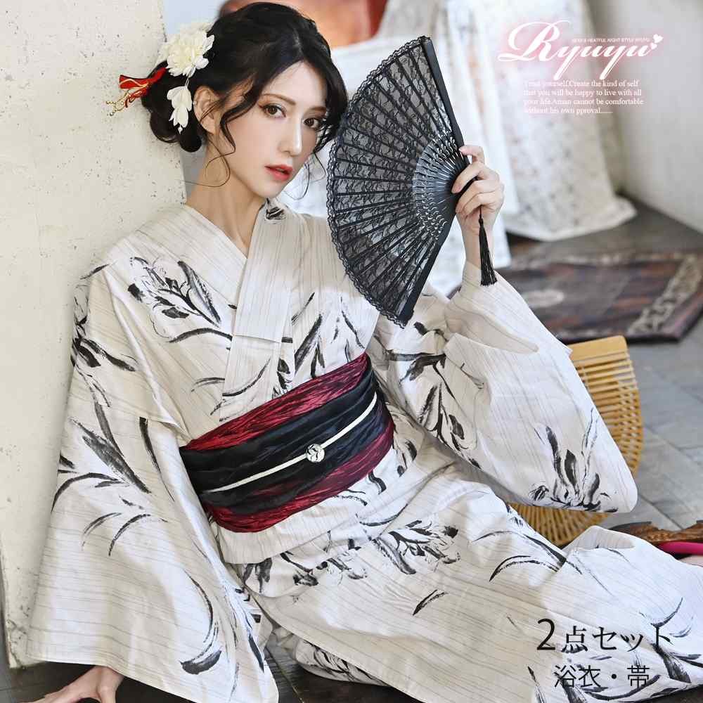 浴衣 大人 菖蒲 墨 大柄 高級 2点セット 夏浴衣 浴衣美人 花柄 ベージュ Ryuyu