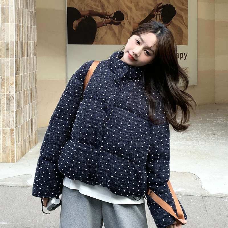 韓国風水玉コントラストカラーショートダウンジャケット2024新スタイル軽くて暖かいおしゃれなスタンドカラー小男ジャケット