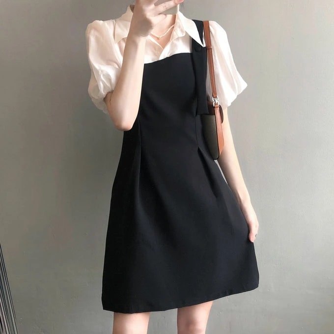 ワンピース レディース ミニワンピース 半袖 Aライン シャツワンピース フェイクレイヤード アシンメトリーワンピース ドッキングワンピース レイヤード 膝丈 送料無料