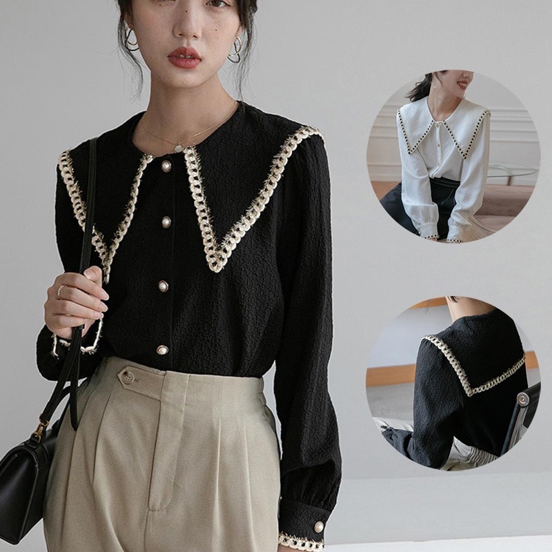 シャツ ブラウス 長袖 レディース シャツ セーラー襟 レトロ パールボタン オフィスカジュアル