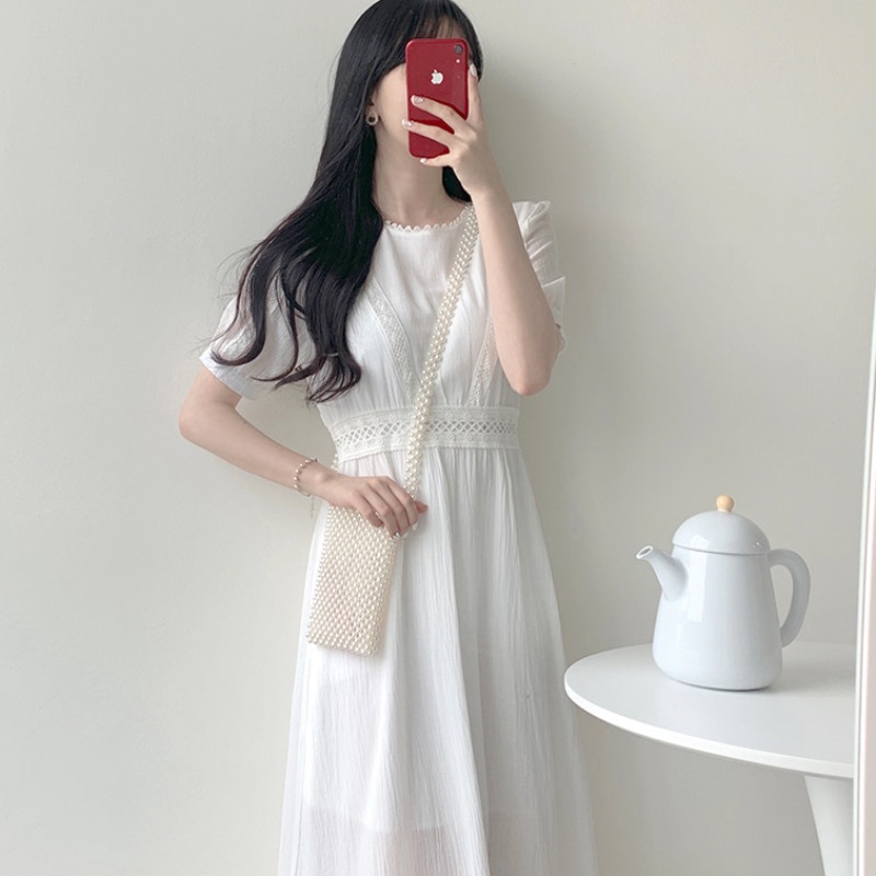 ワンピース ブラウス 膝丈 ひざ丈 袖あり 半袖 ラウンドネック 襟なし ストレート シフォン かわいい きれいめ シンプル カジュアル 上品 おしゃれ 大人可愛い 大人女子 こなれ感 キュート 無地