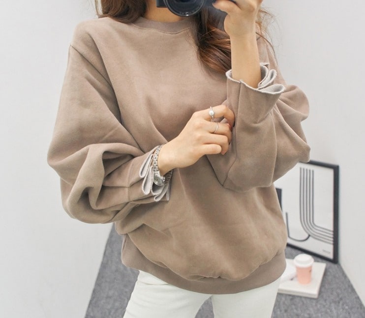 レディース ワイドパンツ デニム 冬 パーカー ショーツ ワンピース シックなピンタック袖のラウンドネック裏起毛トップス