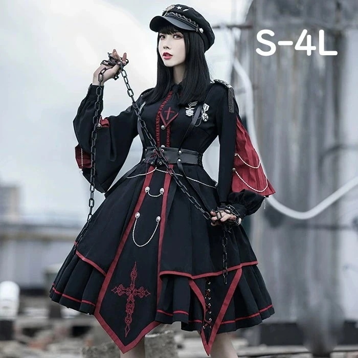 ミニロリ 軍服ロリータ フルセット ミリタリーロリィタ ブラック 黒 膝丈 レディース ロリータアウター 着瘦せ 女の子 長袖あり ゴスロリ 柔らかい 軽い着心地