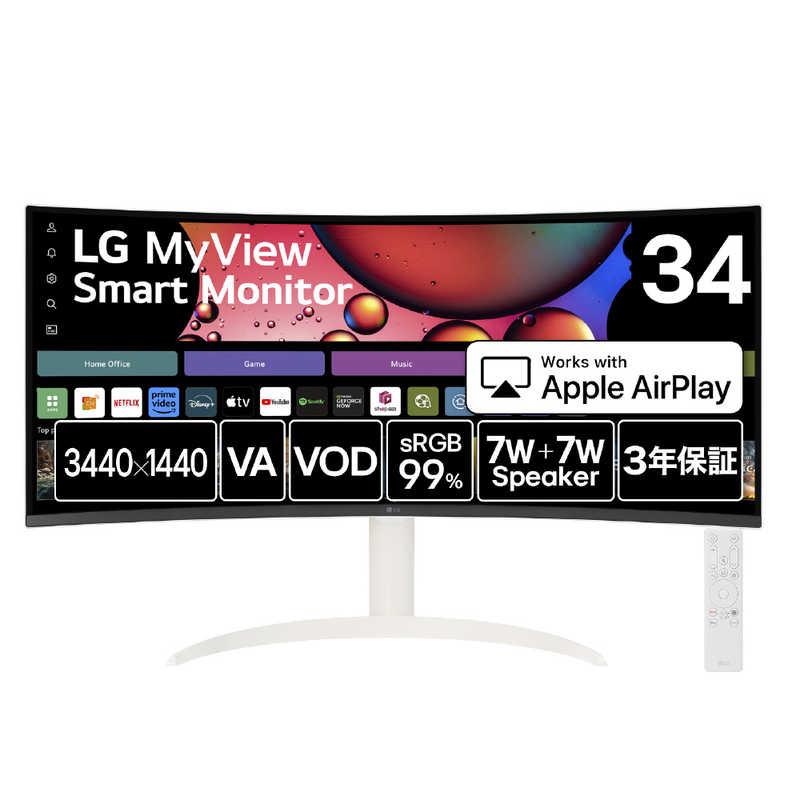 LG　PCモニター MyView Smart Monitor ［34型 /UWQHD(3440×1440) /ワイド /曲面型］　34SR65QC-W