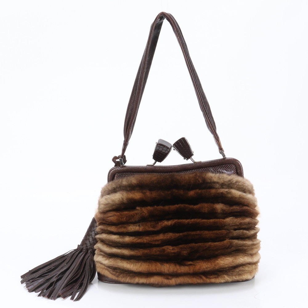 美品 リザード ファー がま口 FT-21 6895 レザー トート バッグ 肩掛け ショルダー ハンド レディース MRE BI12-10 中古