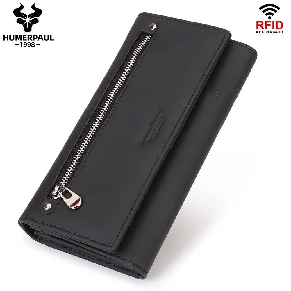 HUMERPAUL 本革財布 レディース用 大容量携帯電話ハンドバッグ RFIDカードホルダーとジッパー小銭入れ付き